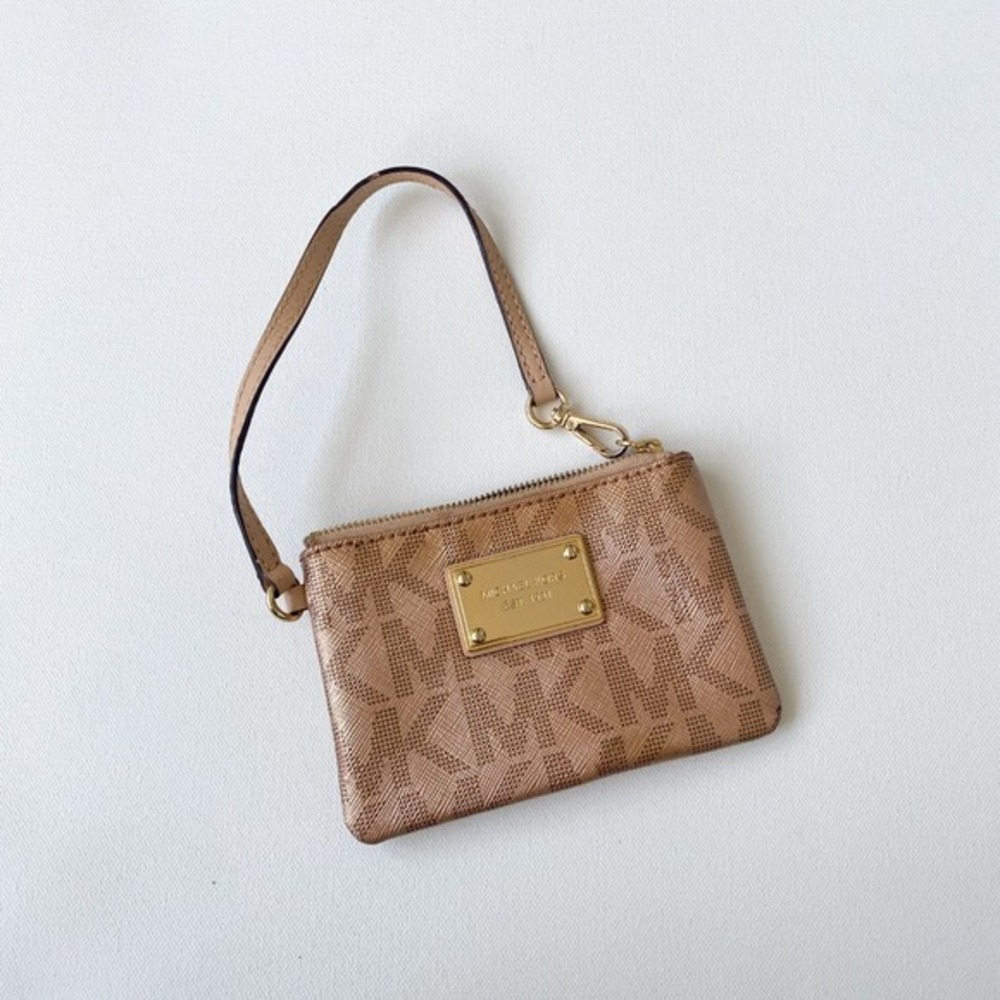 Michael Kors Wristlet Pouch MK Logo Gold Metallic Zip Small‎ Bag